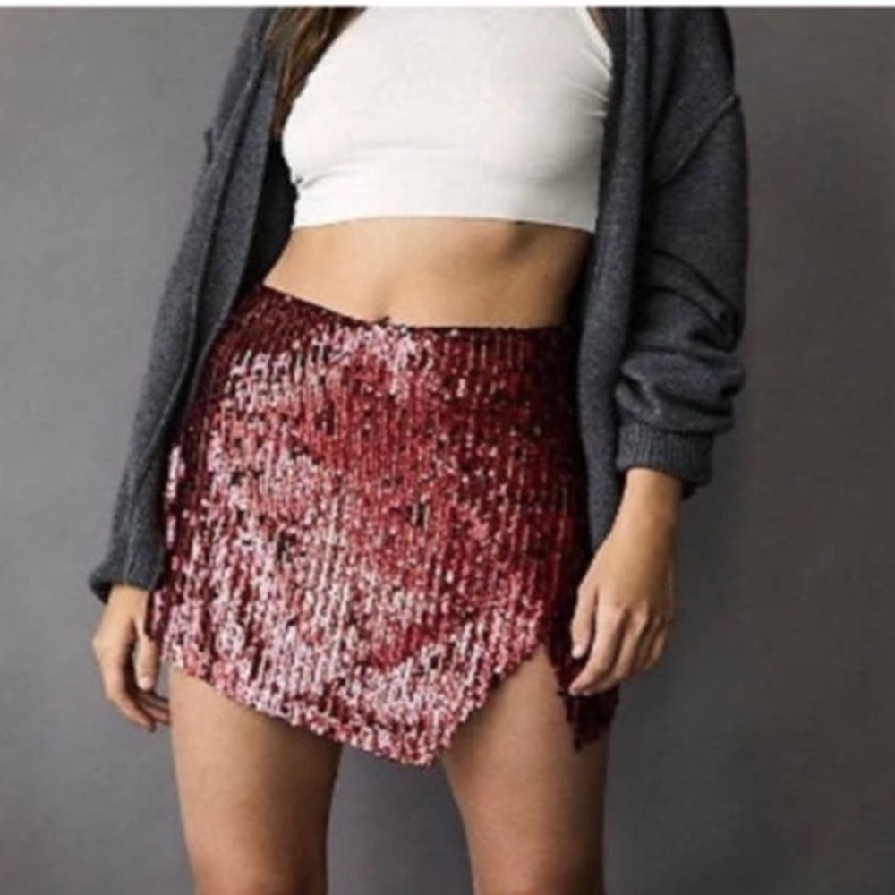 Free People Red Sequin Mini Skirt
